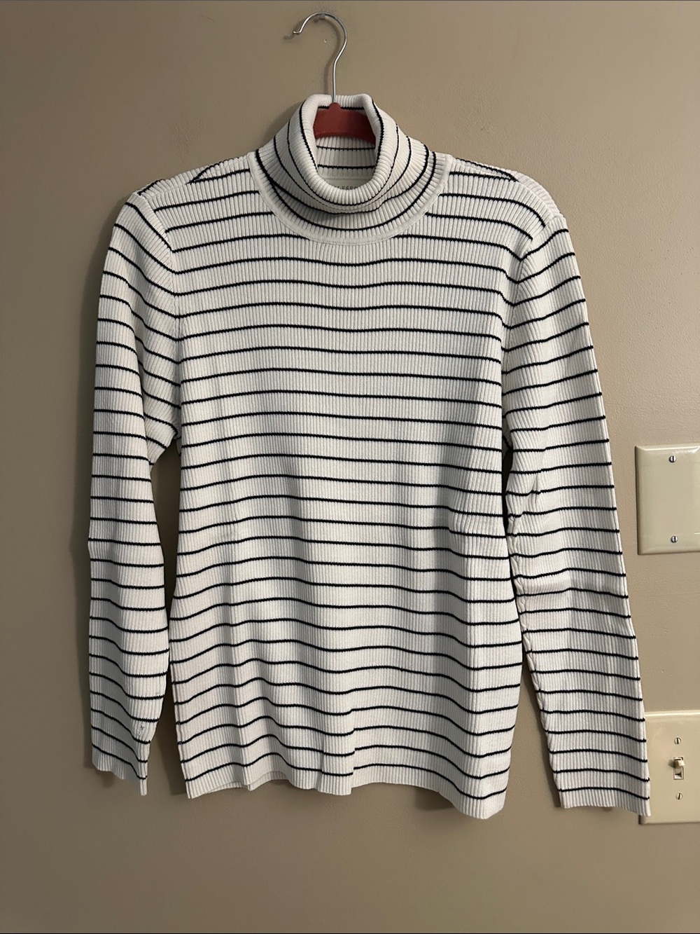 Appleseed's White and Black Striped Turtleneck Sweater
